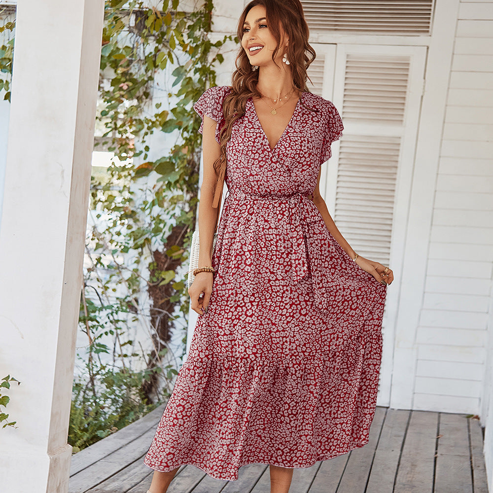 Boho Blumenkleid mit Volantärmeln V-Ausschnitt