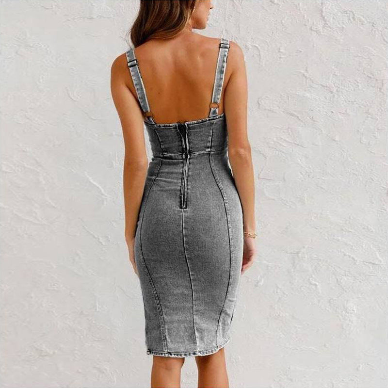 Sommer Jeanskleid Damen mit U-Ausschnitt