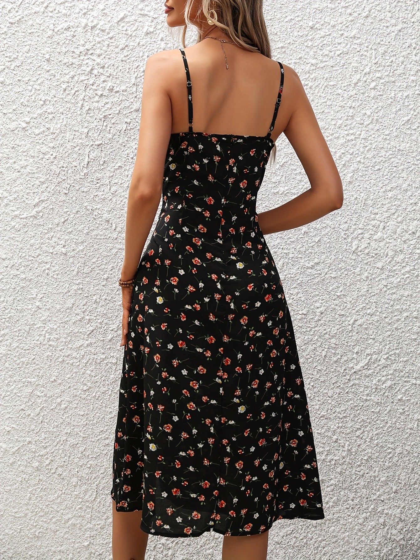 Elegantes Trägerkleid Damen lang mit Schlitz und Punkten
