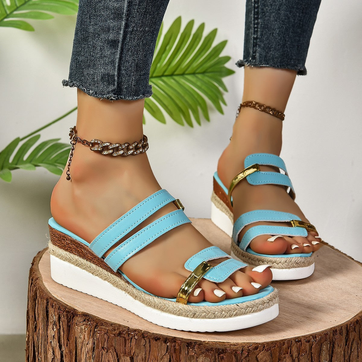 Damen Sommer-Wedges mit Farbriemen – Plateau Sandalen mit Hanfsohle & offener Zehenpartie