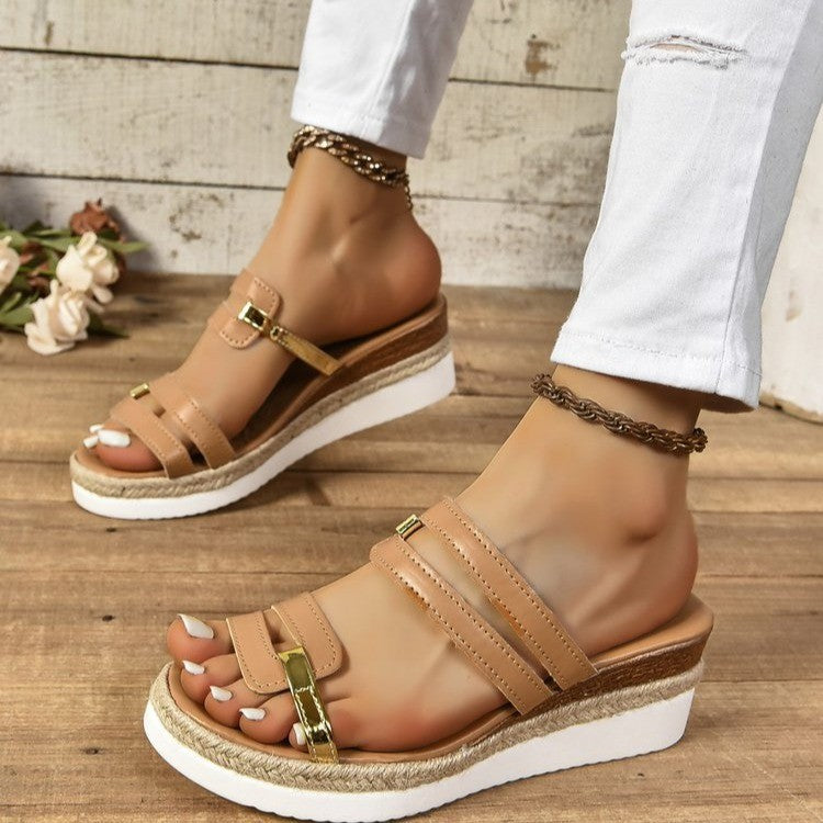 Damen Sommer-Wedges mit Farbriemen – Plateau Sandalen mit Hanfsohle & offener Zehenpartie