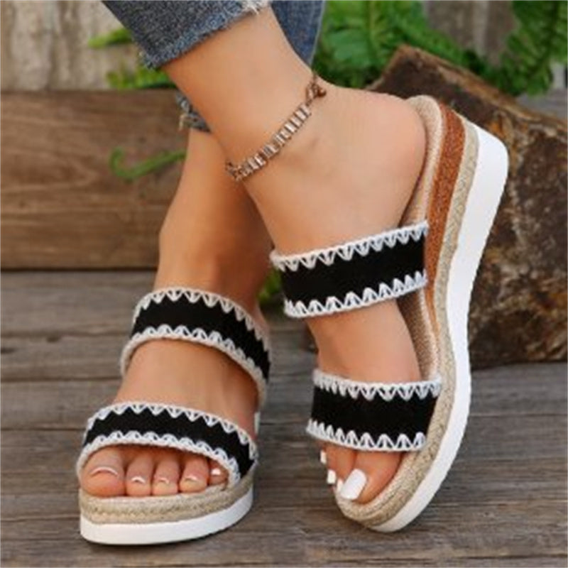 Damen Sommer-Wedges mit Hanfseil – Ethno-Sandalen mit breiten Riemen