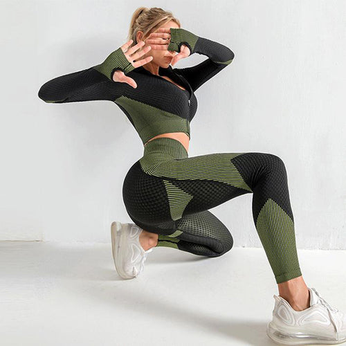 3-teiliges Yoga-Set Damen – Nahtlose Leggings, Crop Top & Sport-BH