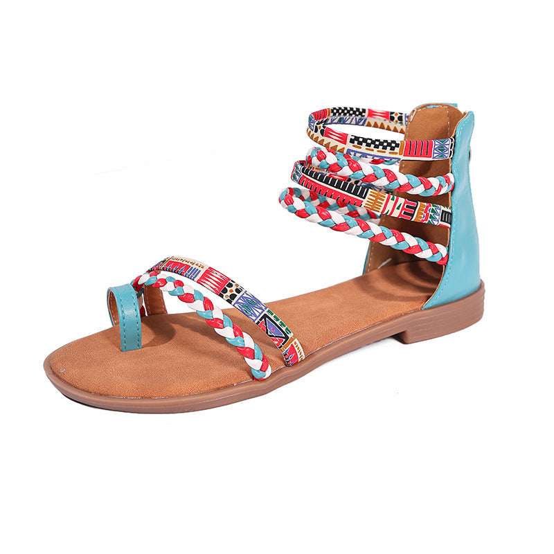 Boho Damen-Sandalen mit Zehensteg – Flache Sommerschuhe im Ethno-Stil mit bunten Riemen & Reißverschluss