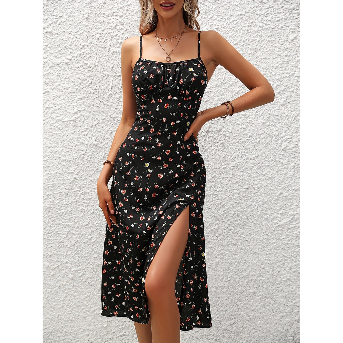Elegantes Trägerkleid Damen lang mit Schlitz und Punkten