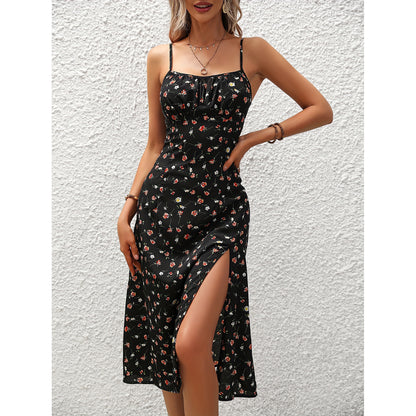 Elegantes Trägerkleid Damen lang mit Schlitz und Punkten