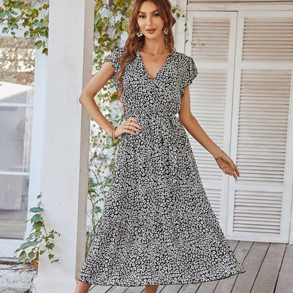 Boho Blumenkleid mit Volantärmeln V-Ausschnitt