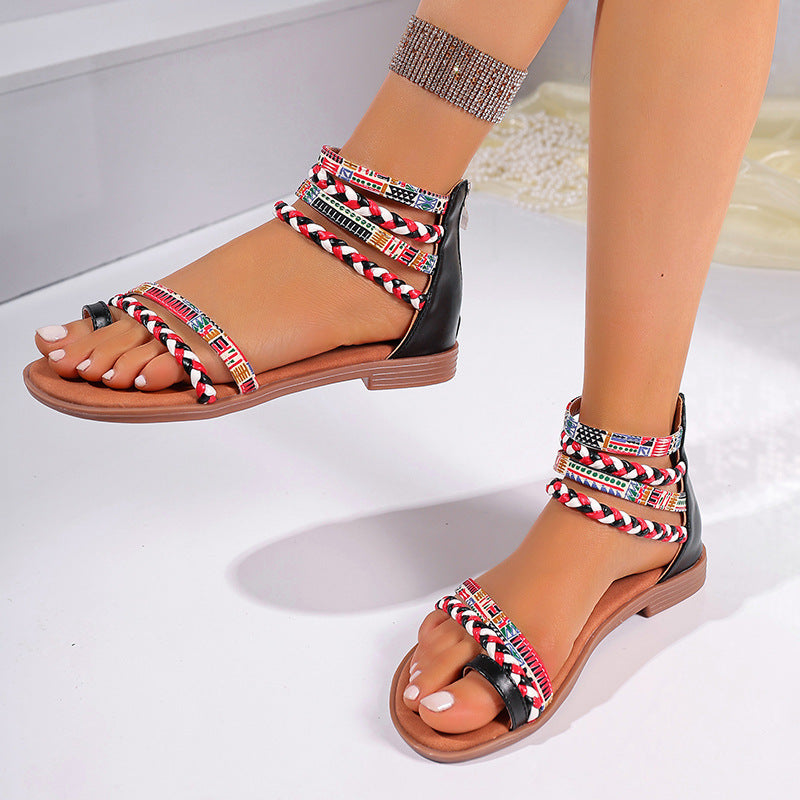Boho Damen-Sandalen mit Zehensteg – Flache Sommerschuhe im Ethno-Stil mit bunten Riemen & Reißverschluss