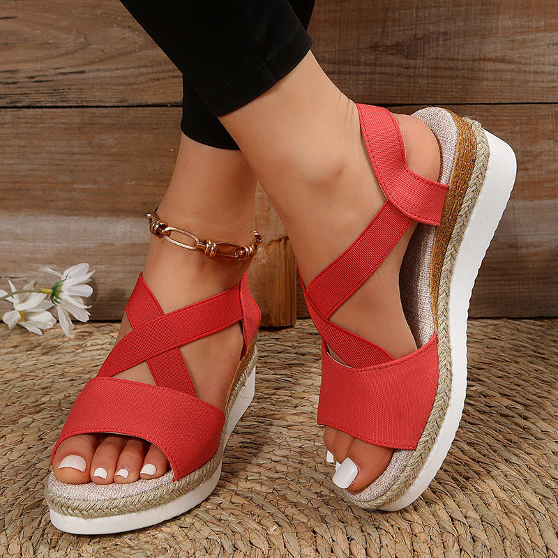 Damen Keilsandaletten Sommer – Gladiator Sandalen mit Kreuzriemen & Hanf-Plateau