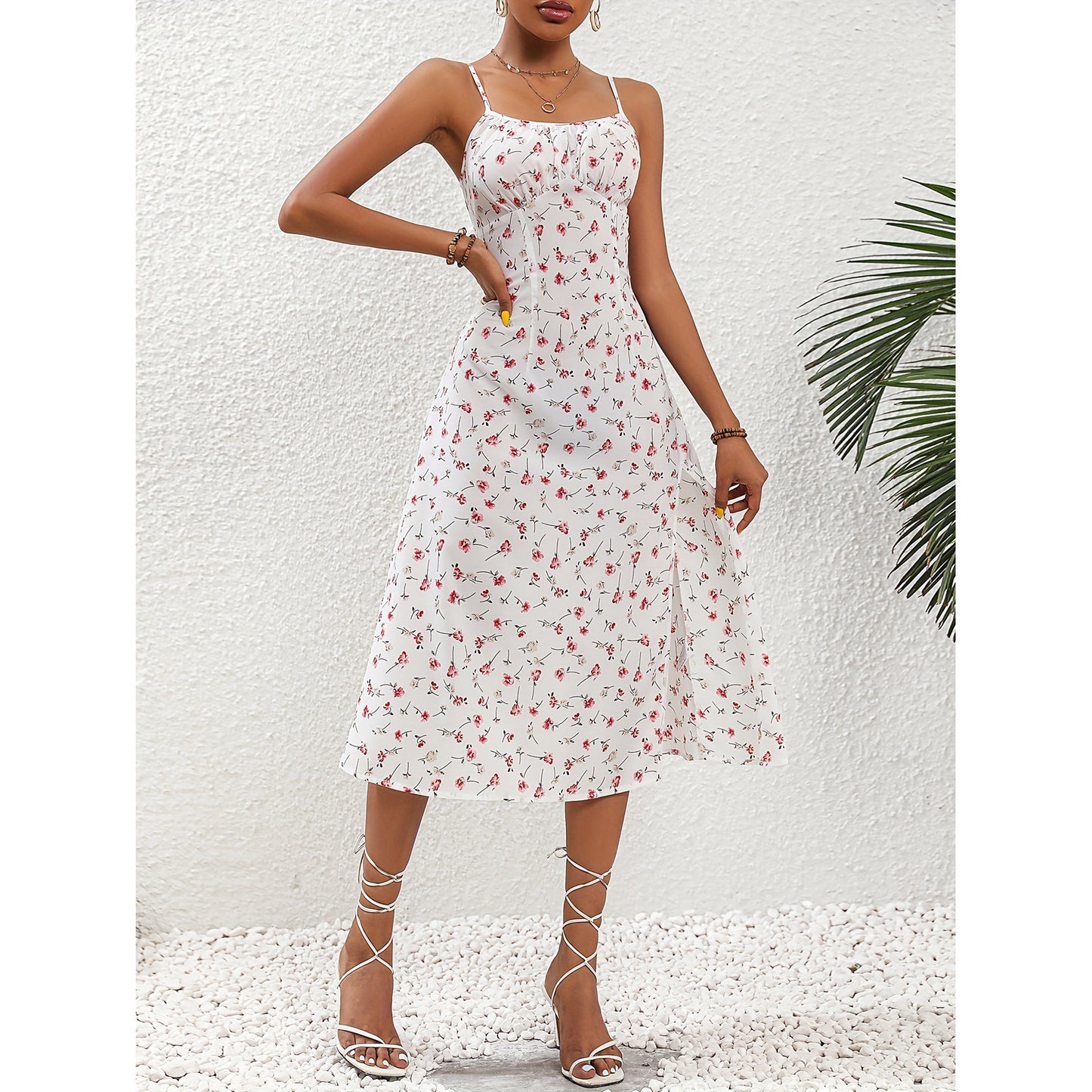 Elegantes Trägerkleid Damen lang mit Schlitz und Punkten