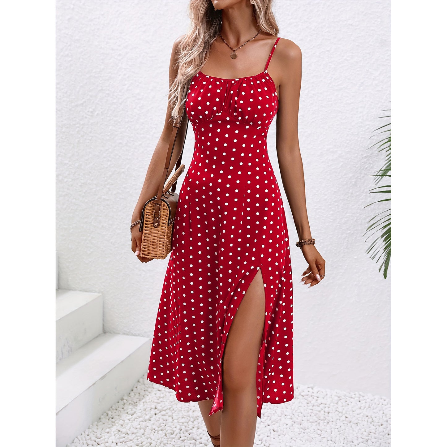 Elegantes Trägerkleid Damen lang mit Schlitz und Punkten