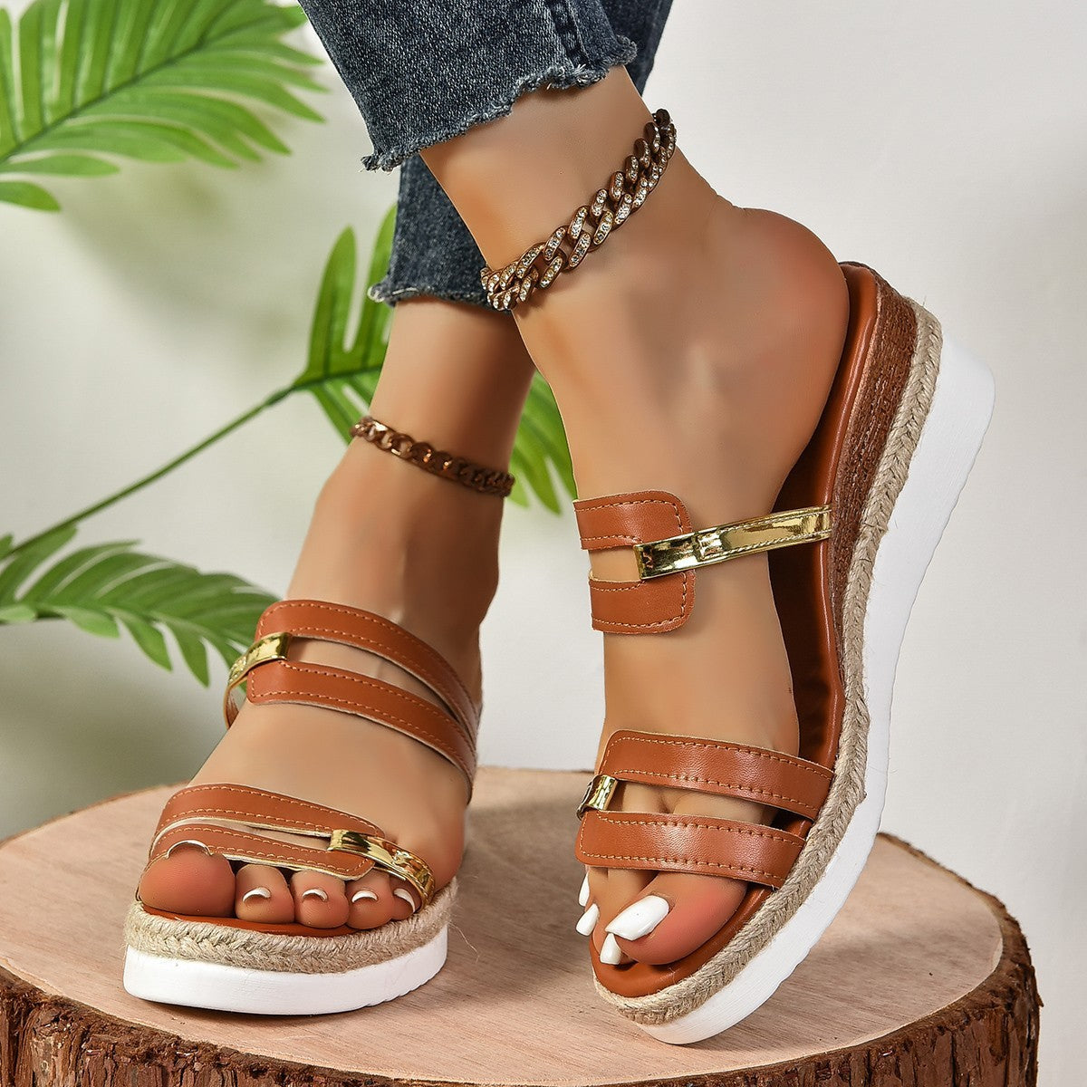 Damen Sommer-Wedges mit Farbriemen – Plateau Sandalen mit Hanfsohle & offener Zehenpartie