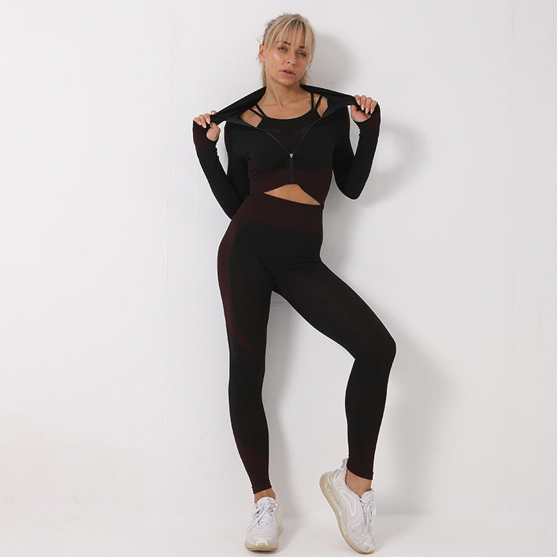 3-teiliges Yoga-Set Damen – Nahtlose Leggings, Crop Top & Sport-BH