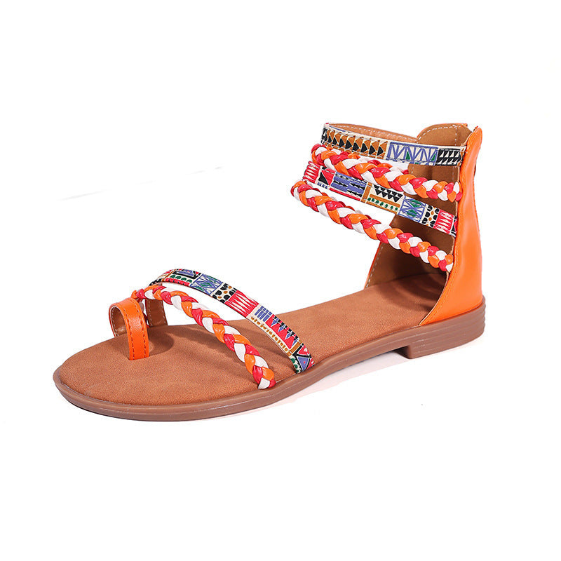 Boho Damen-Sandalen mit Zehensteg – Flache Sommerschuhe im Ethno-Stil mit bunten Riemen & Reißverschluss