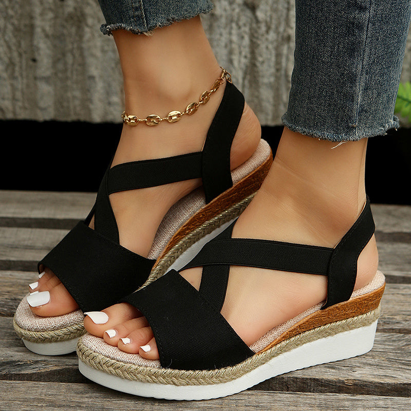 Damen Keilsandaletten Sommer – Gladiator Sandalen mit Kreuzriemen & Hanf-Plateau
