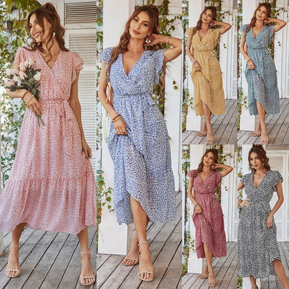Boho Blumenkleid mit Volantärmeln V-Ausschnitt