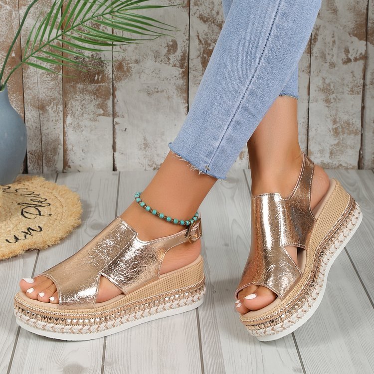 Damen Sommer-Keilsandalen mit Glanz & Cut-Out – Offene Schuhe mit Schnalle & Absatz
