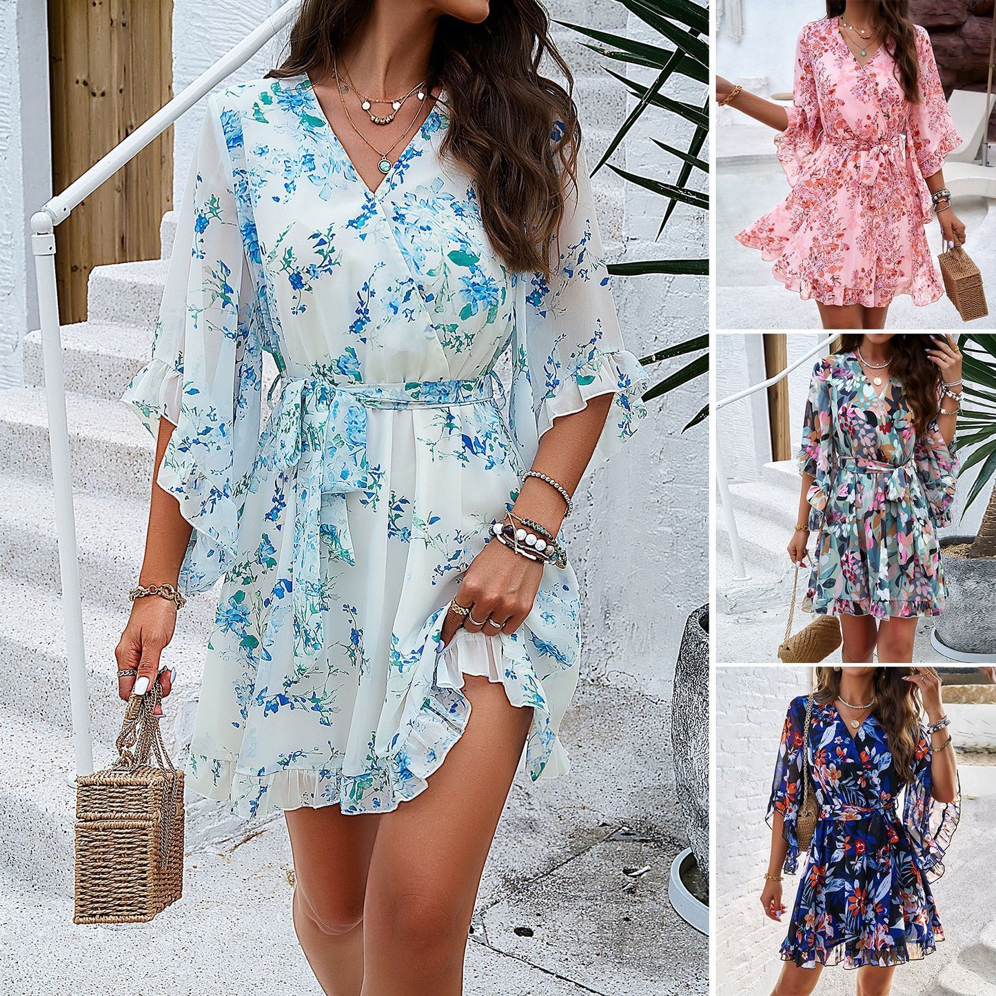 Sommerkleid mit Blumenmuster Kurzarm V-Ausschnitt