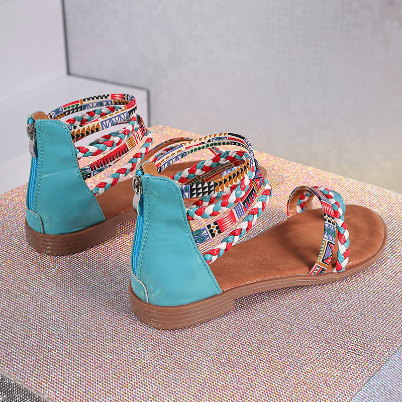 Boho Damen-Sandalen mit Zehensteg – Flache Sommerschuhe im Ethno-Stil mit bunten Riemen & Reißverschluss