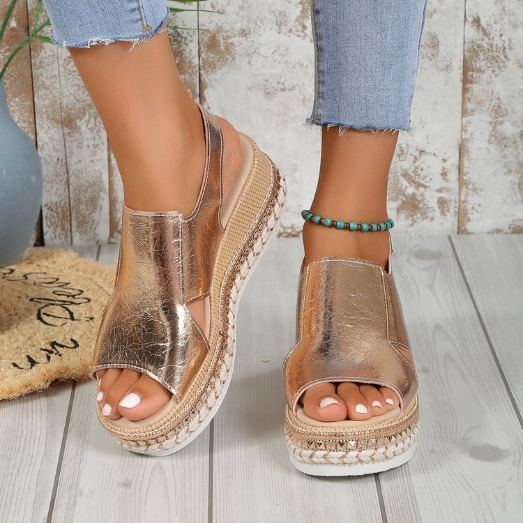 Damen Sommer-Keilsandalen mit Glanz & Cut-Out – Offene Schuhe mit Schnalle & Absatz