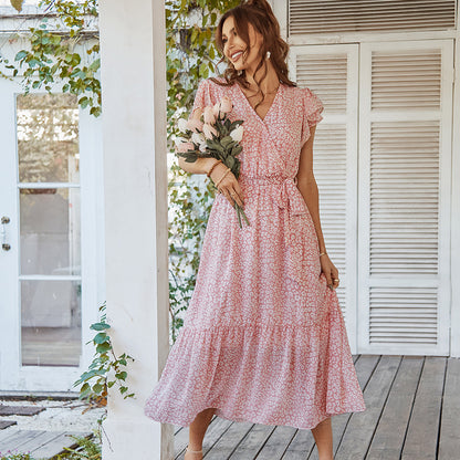 Boho Blumenkleid mit Volantärmeln V-Ausschnitt