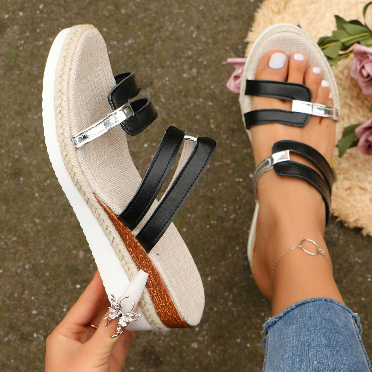Damen Sommer-Wedges mit Farbriemen – Plateau Sandalen mit Hanfsohle & offener Zehenpartie
