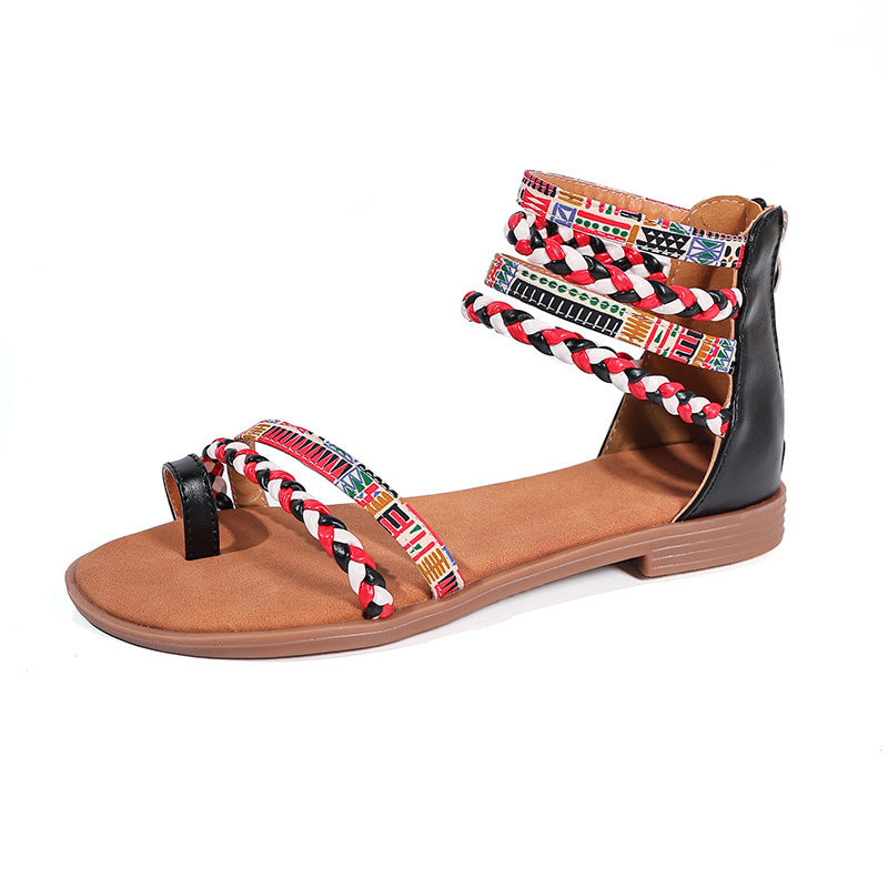 Boho Damen-Sandalen mit Zehensteg – Flache Sommerschuhe im Ethno-Stil mit bunten Riemen & Reißverschluss