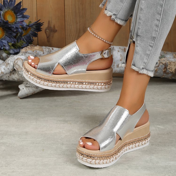 Damen Sommer-Keilsandalen mit Glanz & Cut-Out – Offene Schuhe mit Schnalle & Absatz