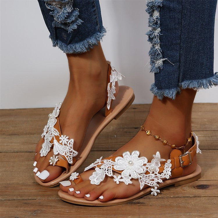 Boho Damen-Sandalen mit Spitze & Blumen – Flache Sommerschuhe mit Knöchelriemen für Strand & Freizeit